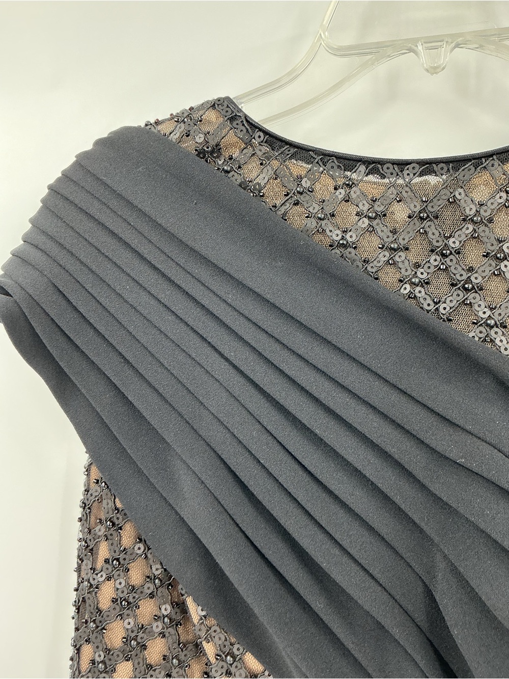 NWT Tadashi Shoji Black Beaded Mesh Draped Size S Jetta Peek-A-Boo Illusion Gown - Picture 8 of 16